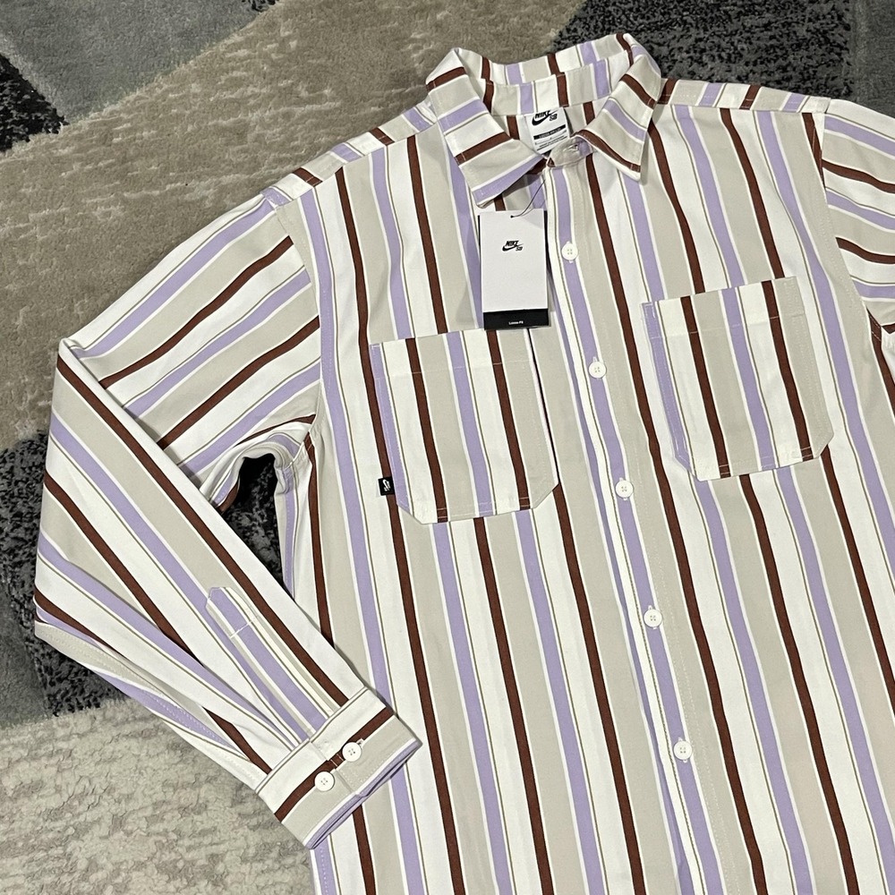 Nike SB Skater Shirt Men Small White purple Striped Loose Fit Button HJ2906 NEW
